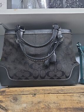 Vintage Coach Signature Jacquard & Black Leather Satchel Bag